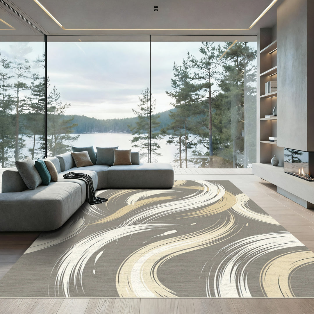 Cream Beige Brushed Swirl Accent Abstract Swirl Cream Beige Rug