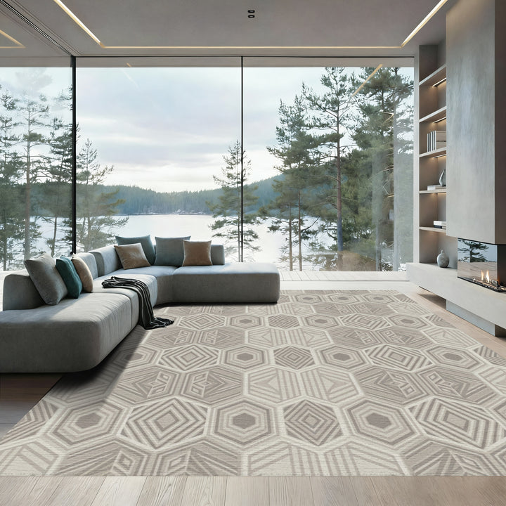 Neutral Geometric Hexagon Interlocking Rug