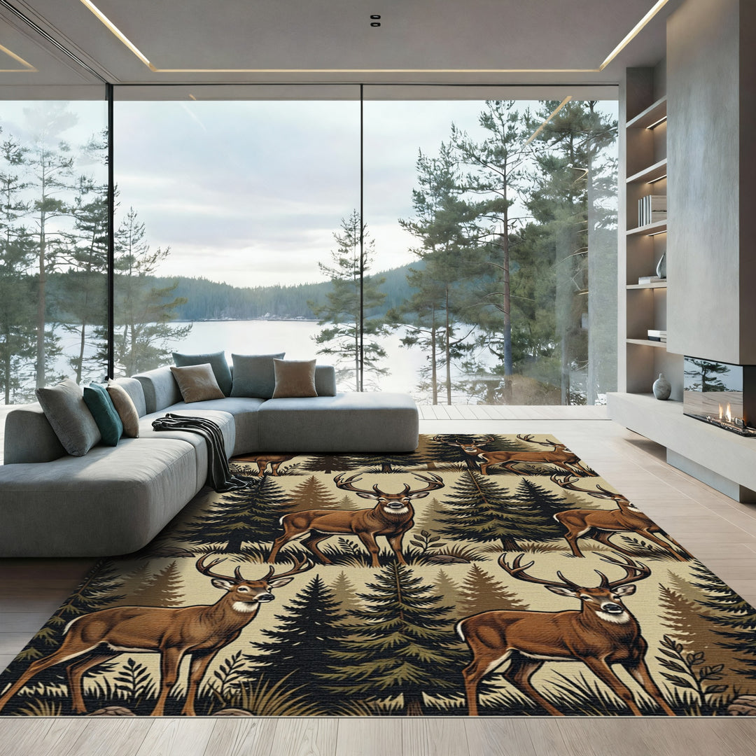 Woodland Deer Forest Scene Rug