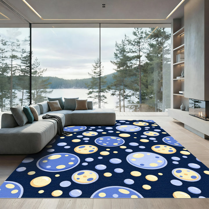 Circular Blue Yellow Orbs Dark Background Rug