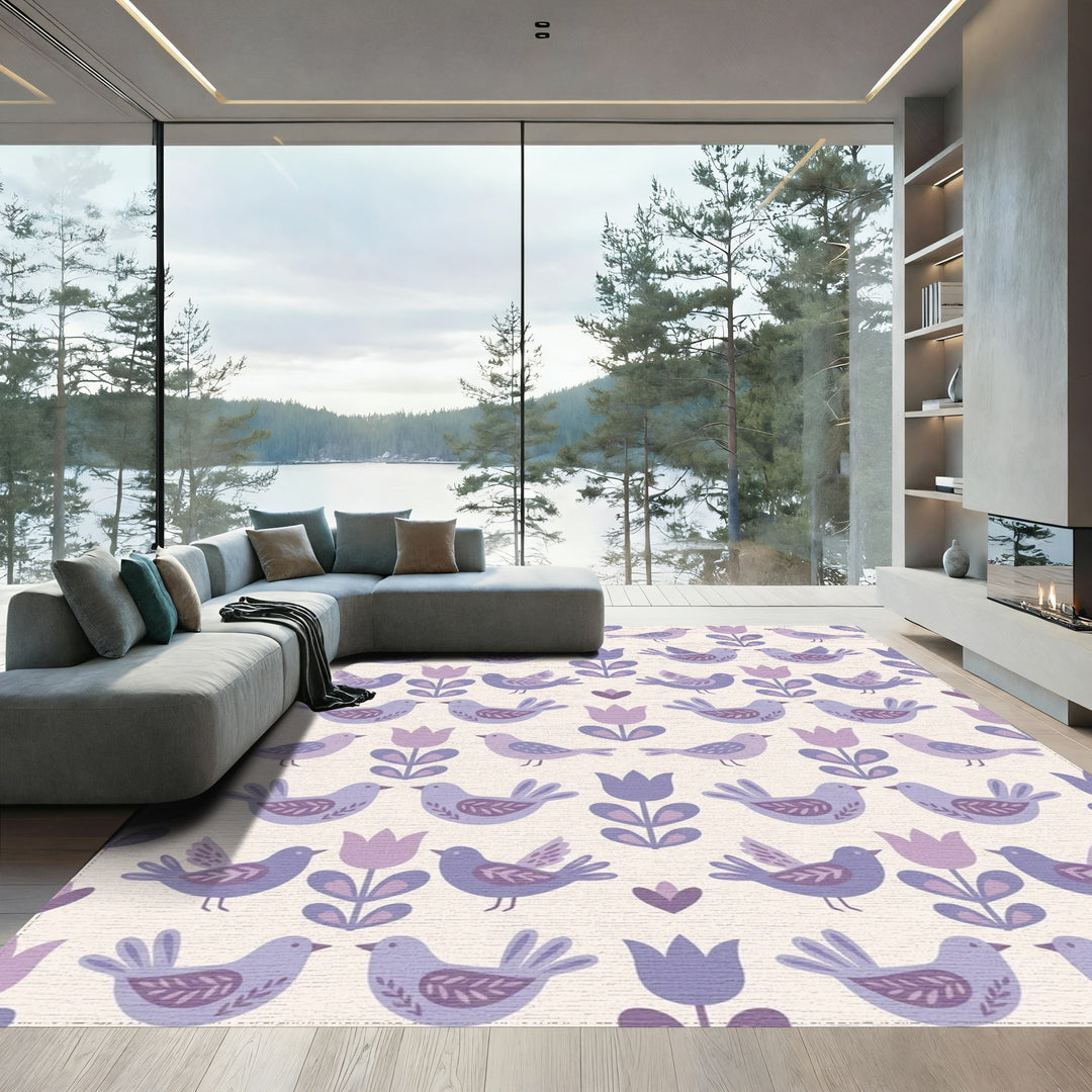 Whimsical Purple Bird Tulip Garden Rug