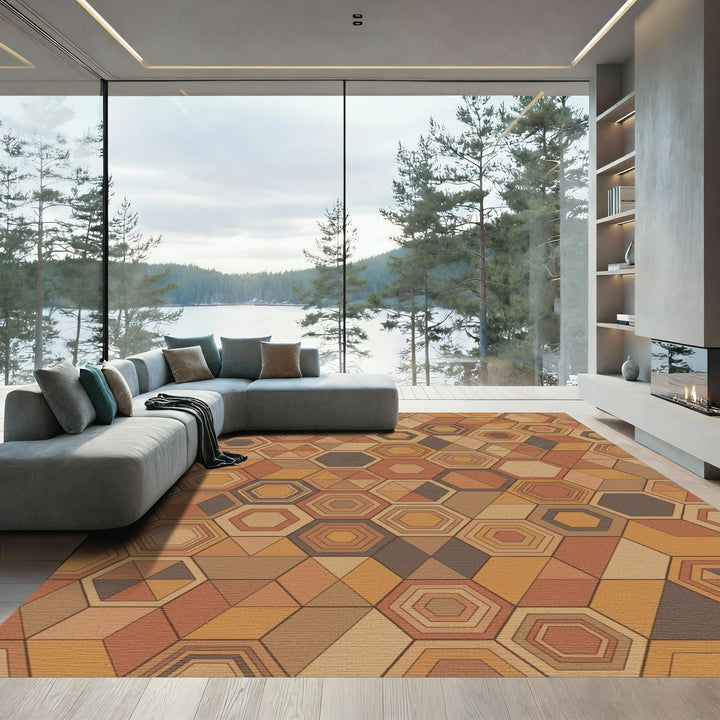 Earthy Terracotta Geometric Hexagon Art Rug