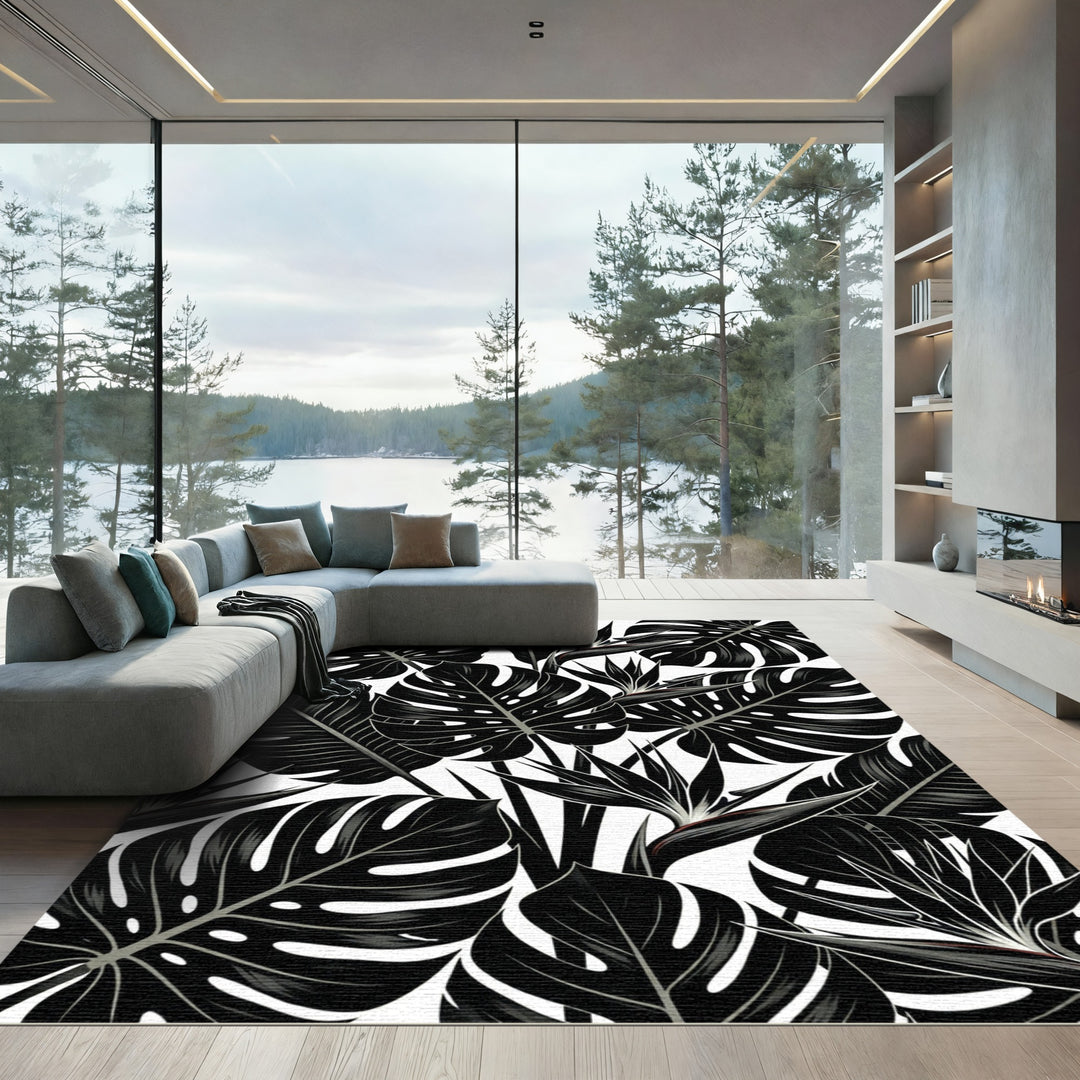 Monstera Bird Paradise Black White Print Rug