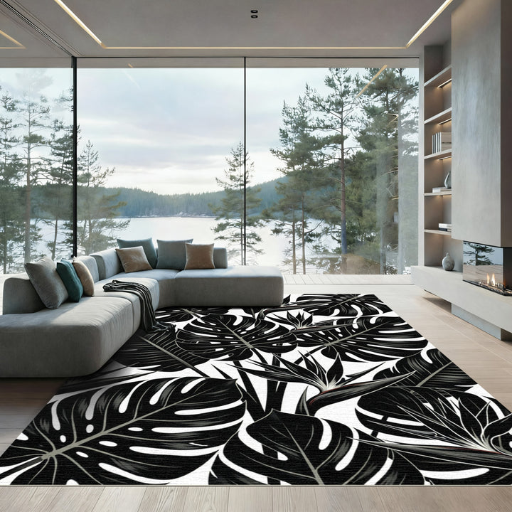 Monstera Bird Paradise Black White Print Rug