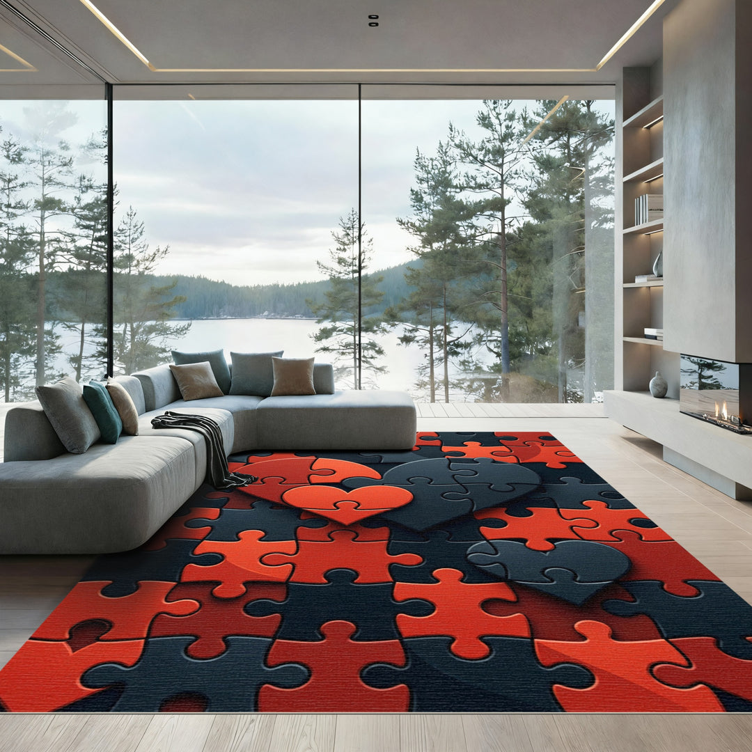Red Black Heart Puzzle Rug