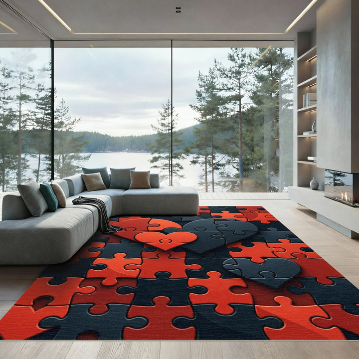 Red Black Heart Puzzle Rug