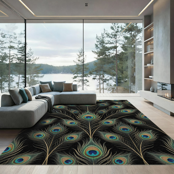 Elegant Peacock Feather Black Rug