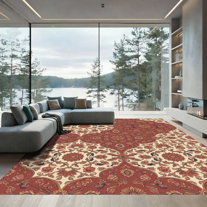 Crimson Ivory Floral Arch Ensemble Rug