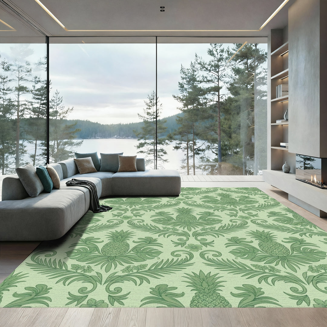 Emerald Green Pineapple Botanical Scroll Rug