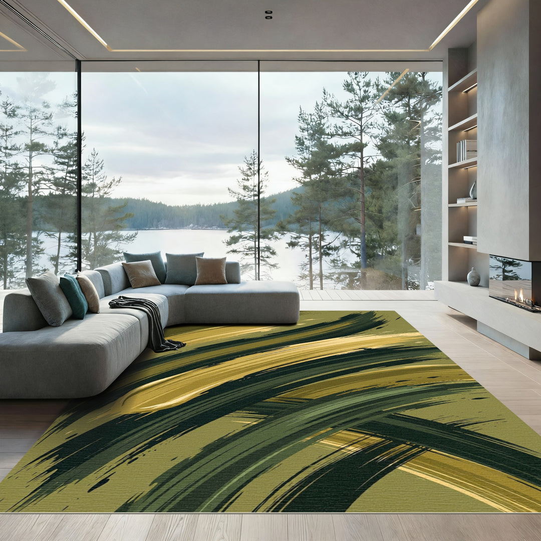 Olive Green Brush Stroke Swirl Rug