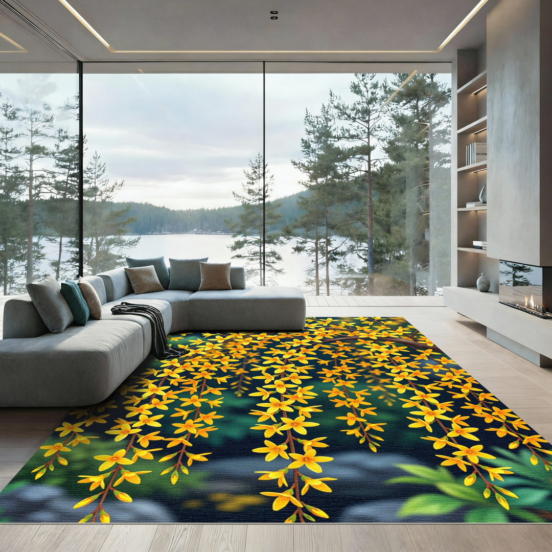Golden Forsythia Blossom Cascade Rug