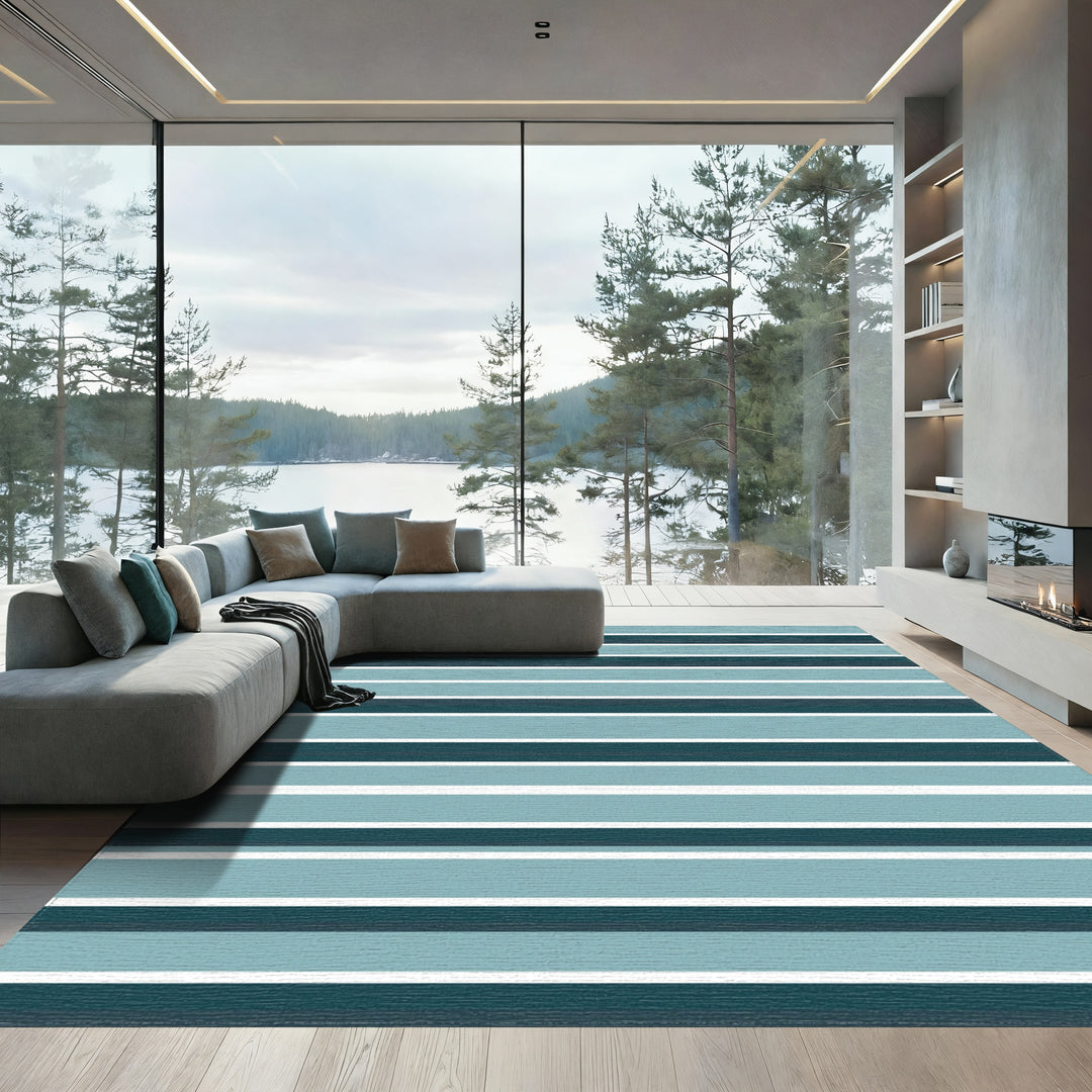 Contemporary Teal Horizontal Stripe Rug