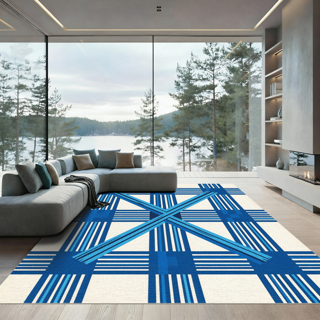 Bold Blue Plaid X Geometric Rug