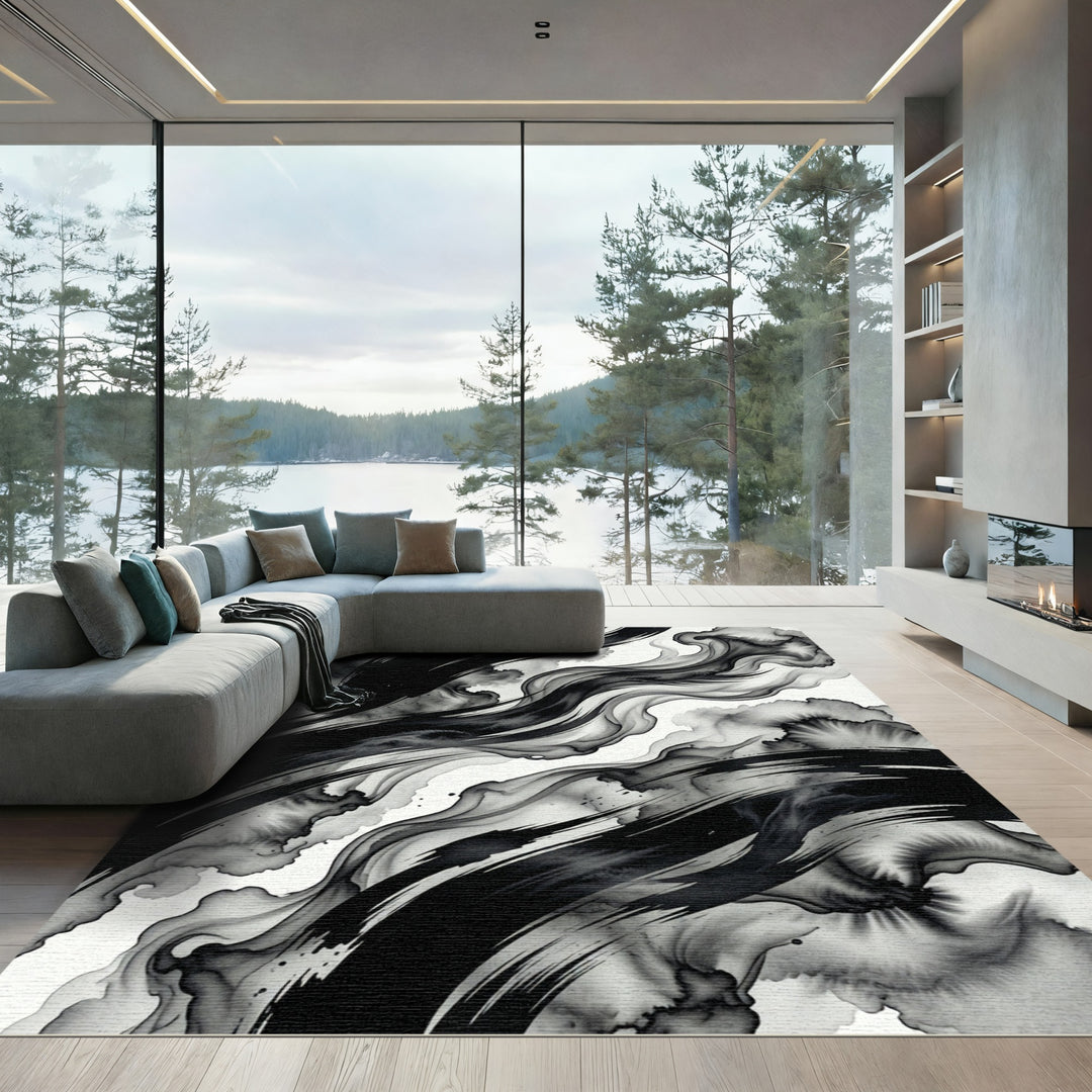 Monochromatic Ink Wash Swirls Rug