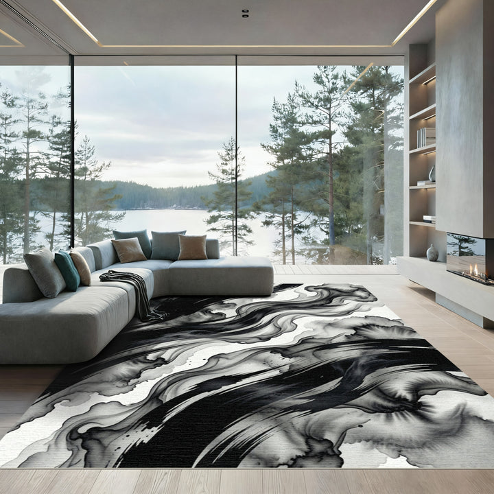 Monochromatic Ink Wash Swirls Rug