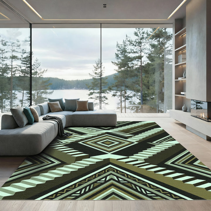 Geometric Stair Illusion Olive Rug