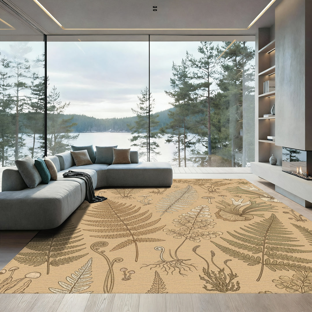 Vintage Fern and Mushroom Botanical Illustration Rug