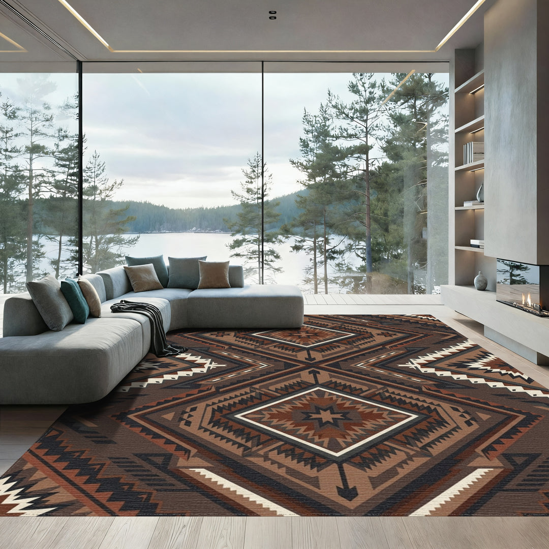 Earthy Brown Geometric Diamond Medallion Rug