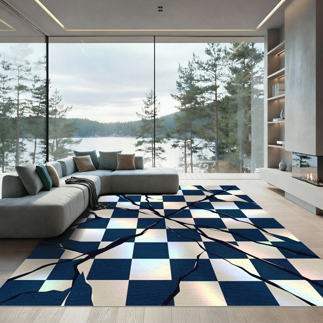 Cracked Checkerboard Indigo Square Rug