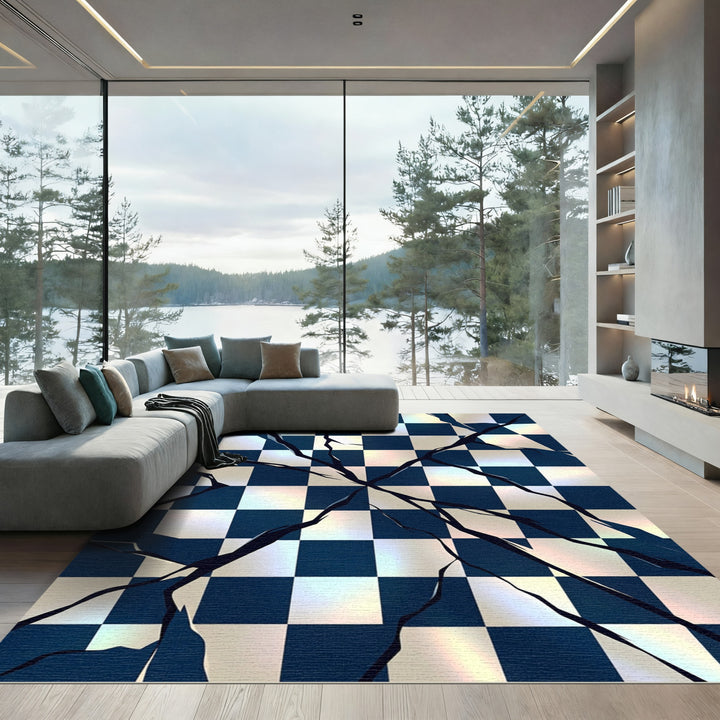 Cracked Checkerboard Indigo Square Rug