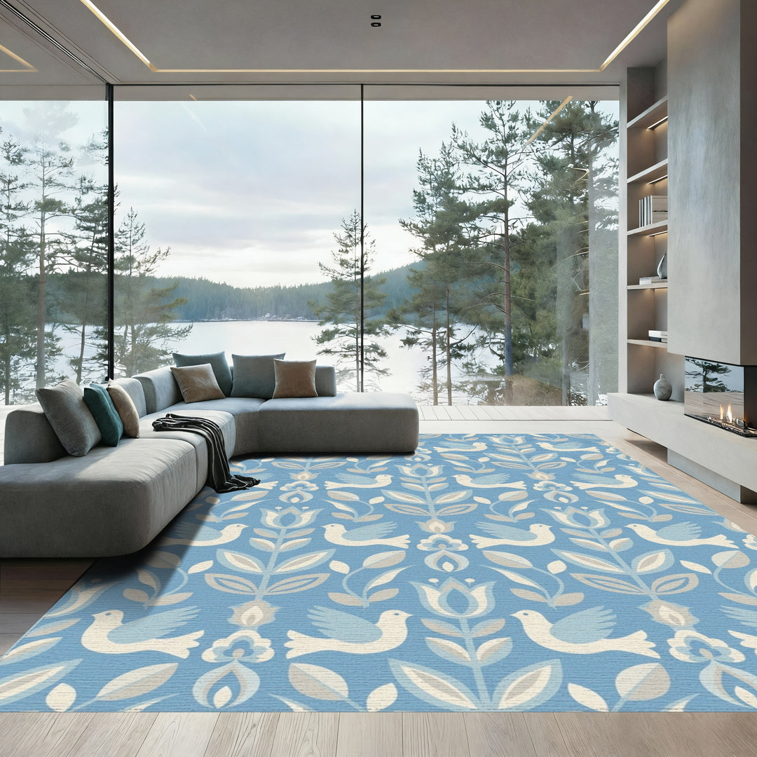 Blue Dove Floral Folk Art Rug