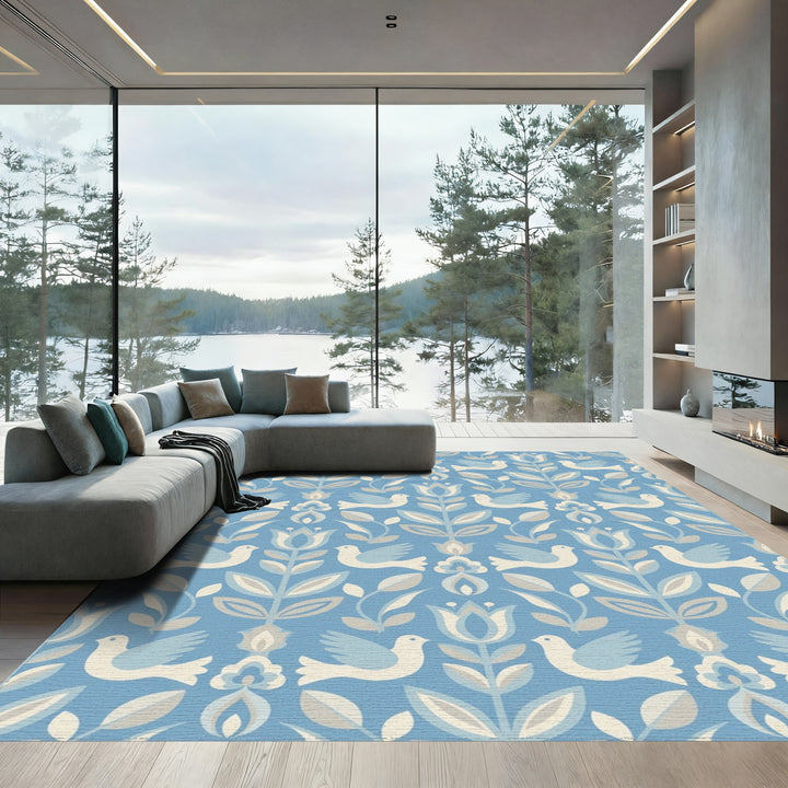 Blue Dove Floral Folk Art Rug