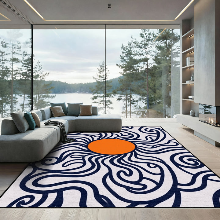 Orange Sun Navy Swirls Abstract Art Rug