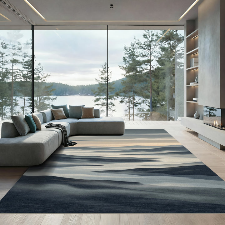 Misty Blue Mountain River Landscape Rug