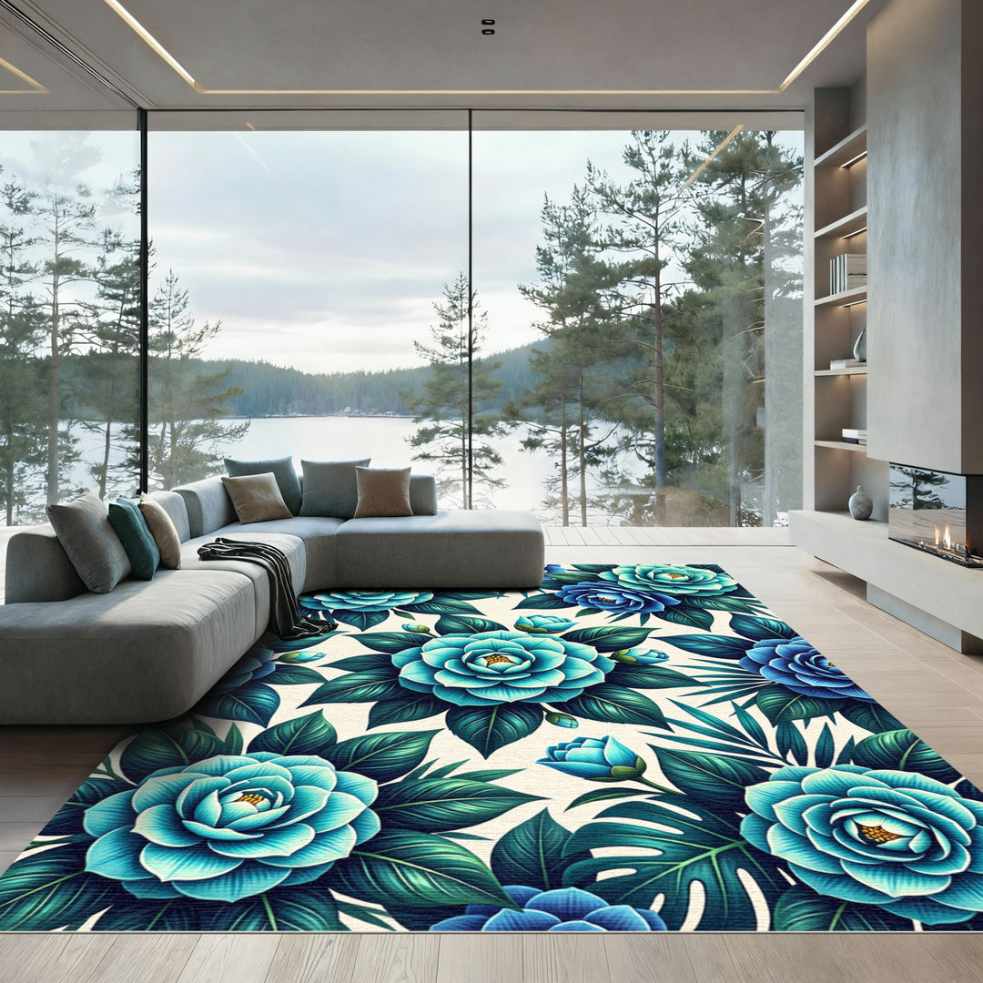 Blue Teal Camellia Botanical Garden Rug