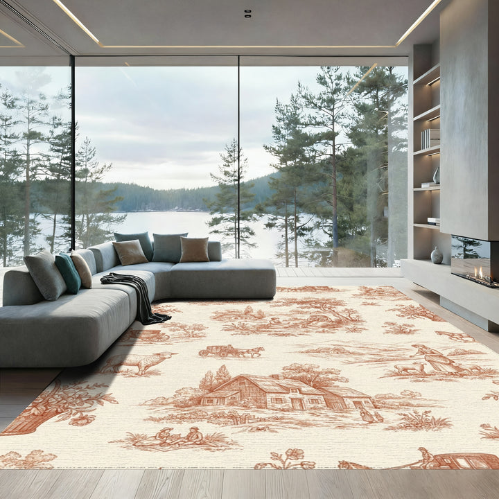 Rustic Countryside Landscape Carriage Scene Rug
