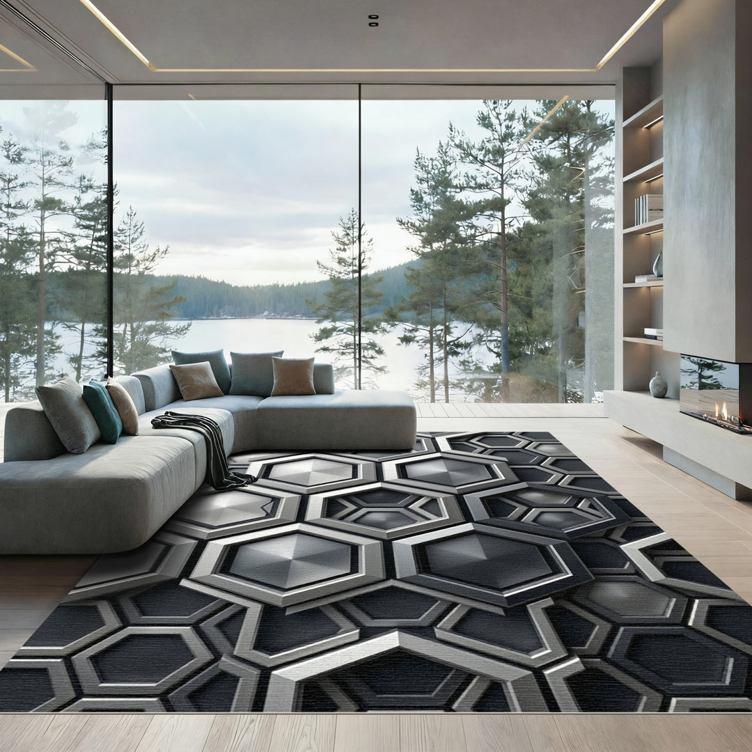 Metallic Geometric Hexagonal Abstract Rug