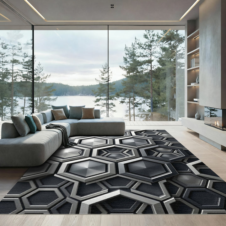 Metallic Geometric Hexagonal Abstract Rug