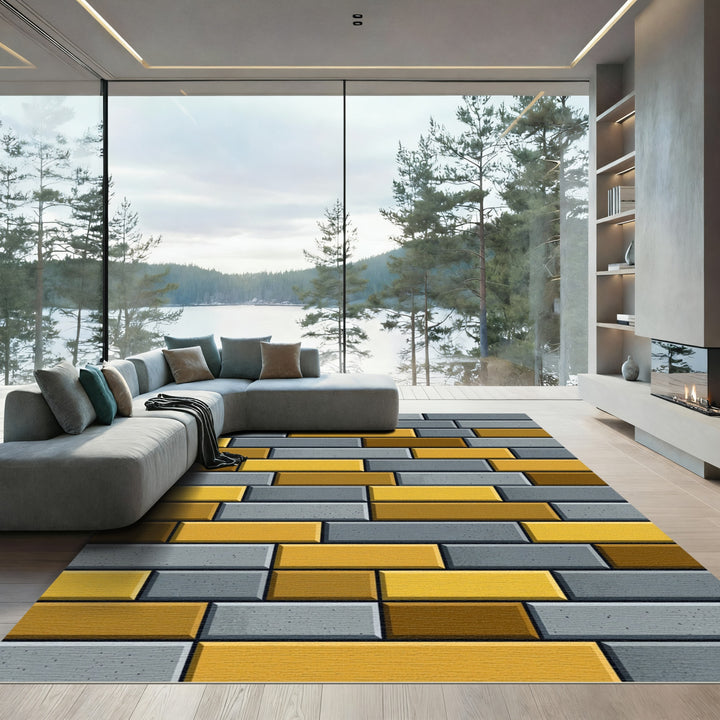 Rectangular Geometric Brick Yellow Gray Rug