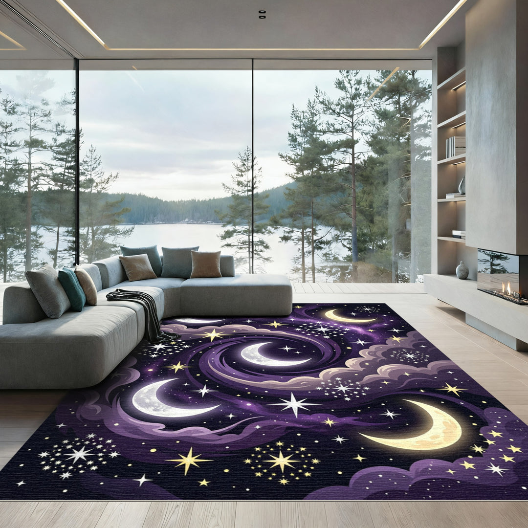 Whimsical Celestial Moon Starry Night Rug