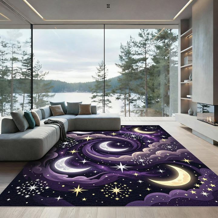 Whimsical Celestial Moon Starry Night Rug