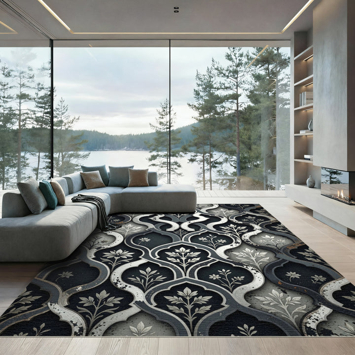 Ornate Gray Floral Lattice Rug