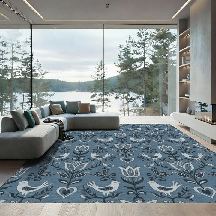 Folk Art Blue Bird Floral Heart Rug
