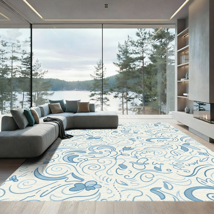 Light Blue Floral Swirls Rug