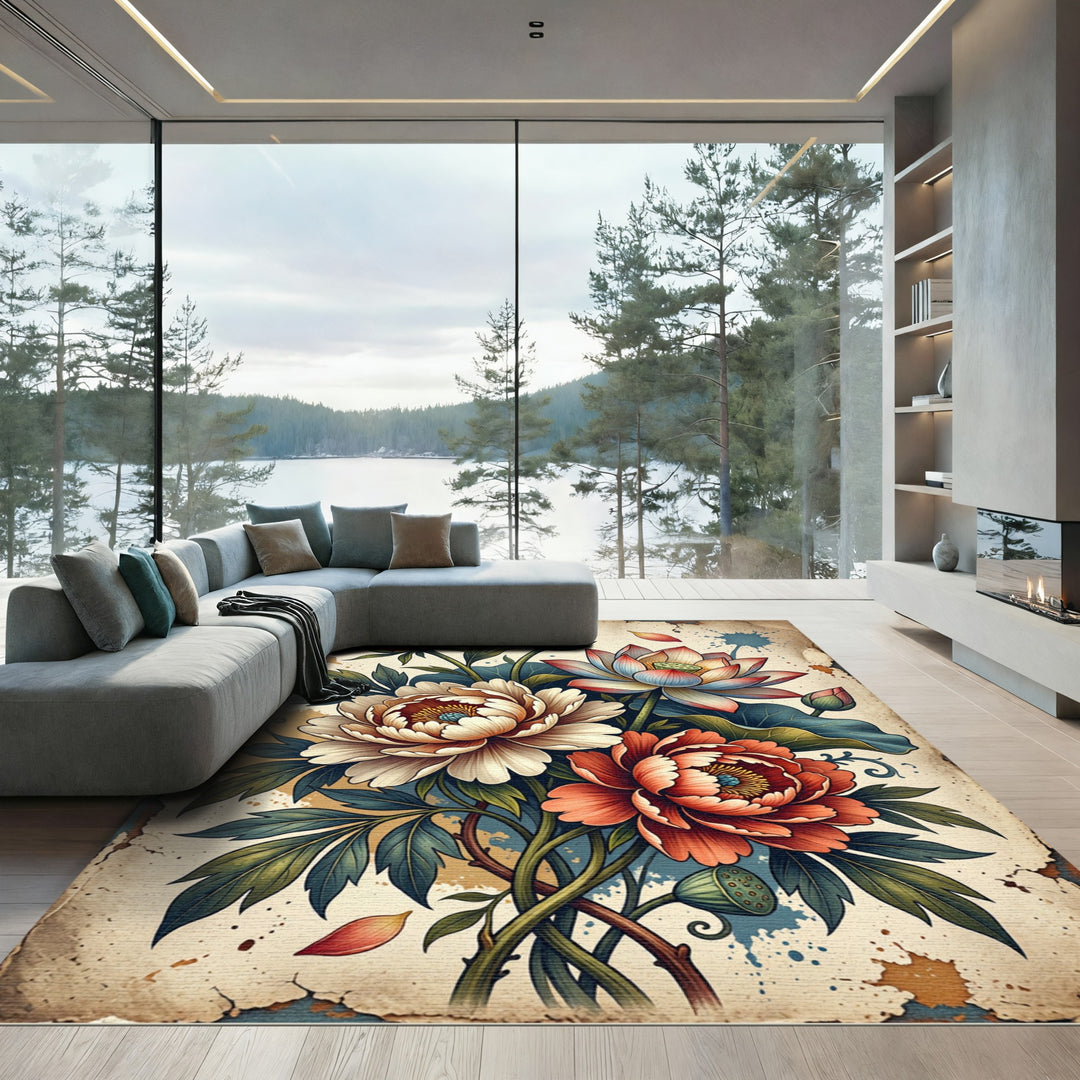 Vibrant Coral Peony Lotus Rug