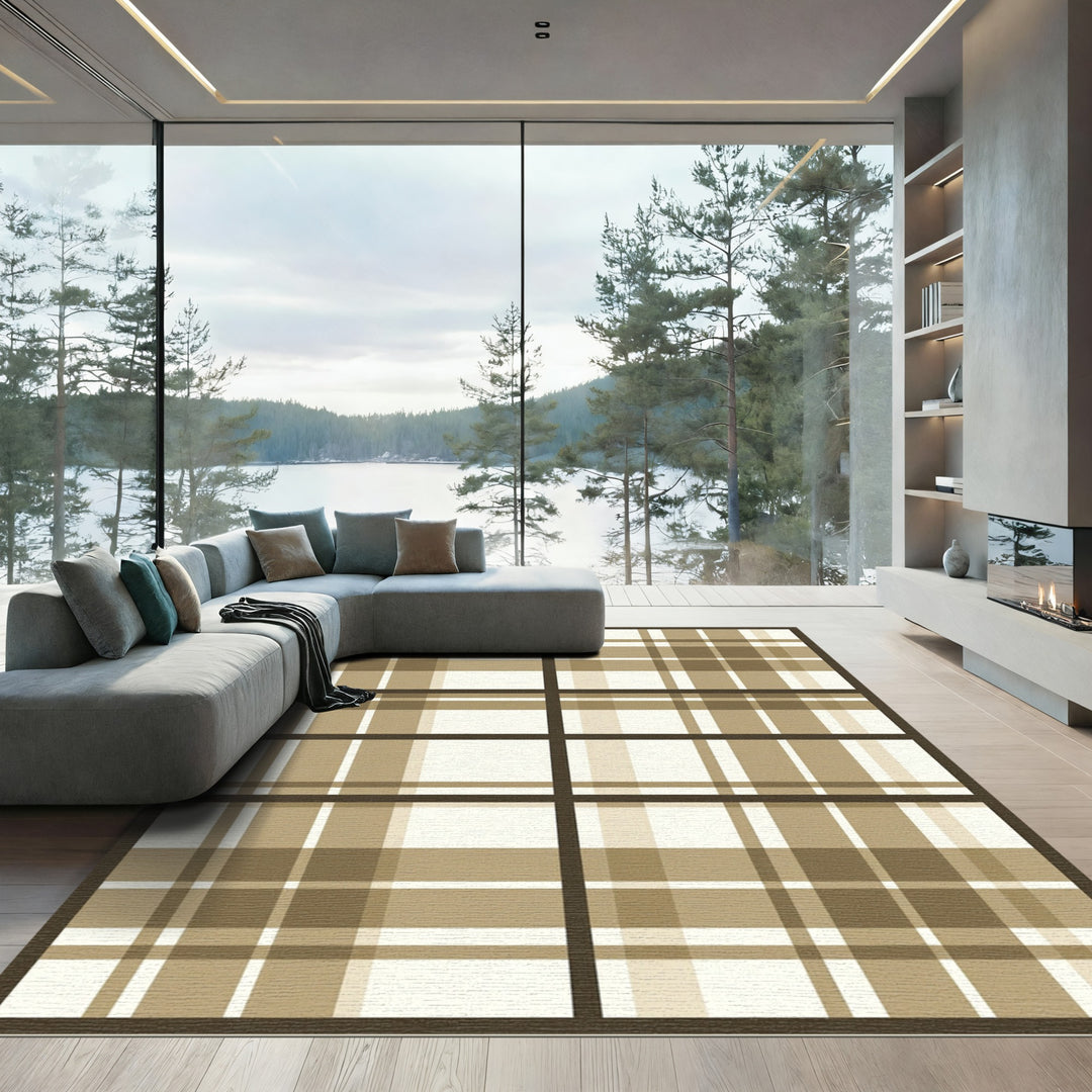 Beige Earthy Tone Plaid Squares Rug