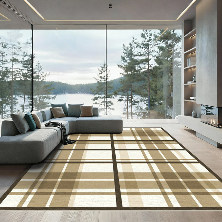 Beige Earthy Tone Plaid Squares Rug