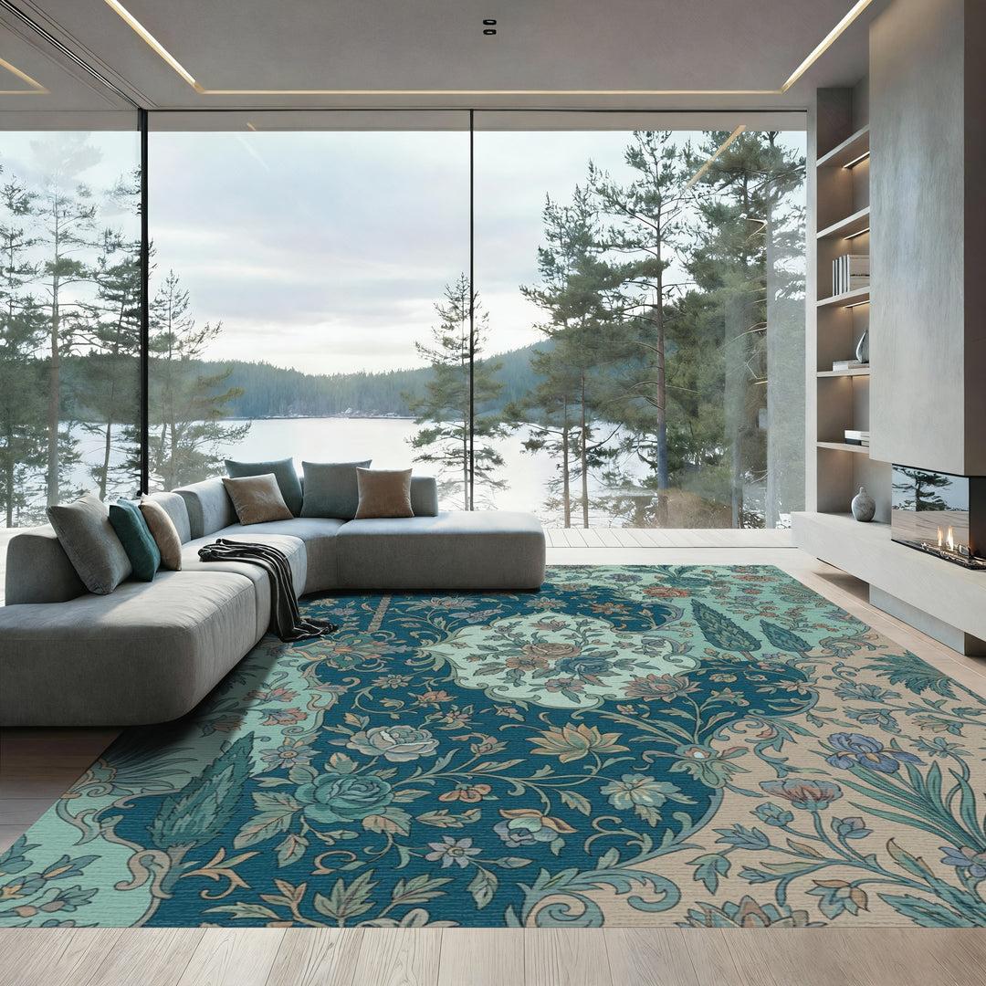 Vintage Teal Floral Tree Garden Rug