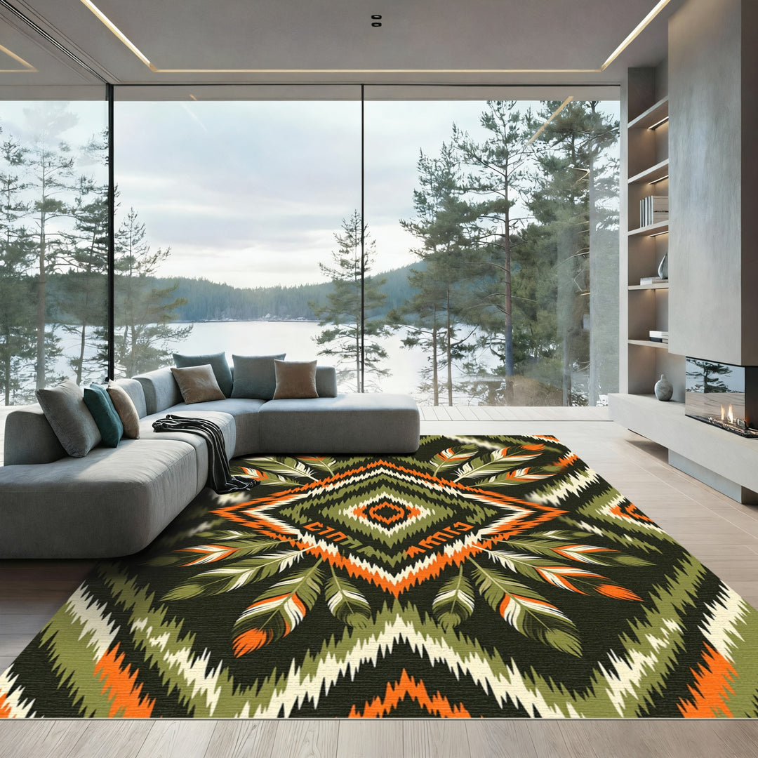 Olive Orange Feathered Tribal Chevron Rug