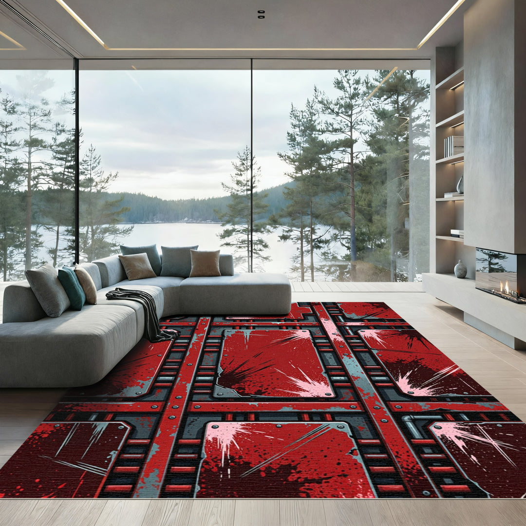 Gritty Red Industrial Splatter Panel Rug