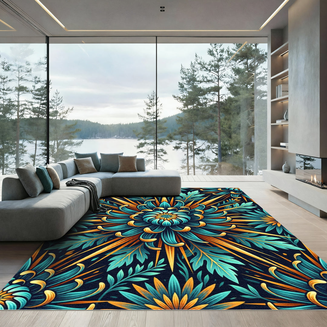 Teal and Gold Chrysanthemum Burst Rug