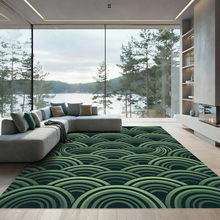 Concentric Green Wave Layers Rug