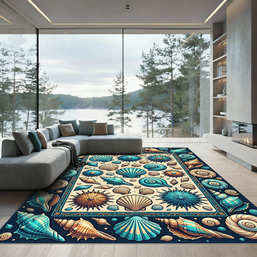 Seashell Motif Teal Orange Border Rug
