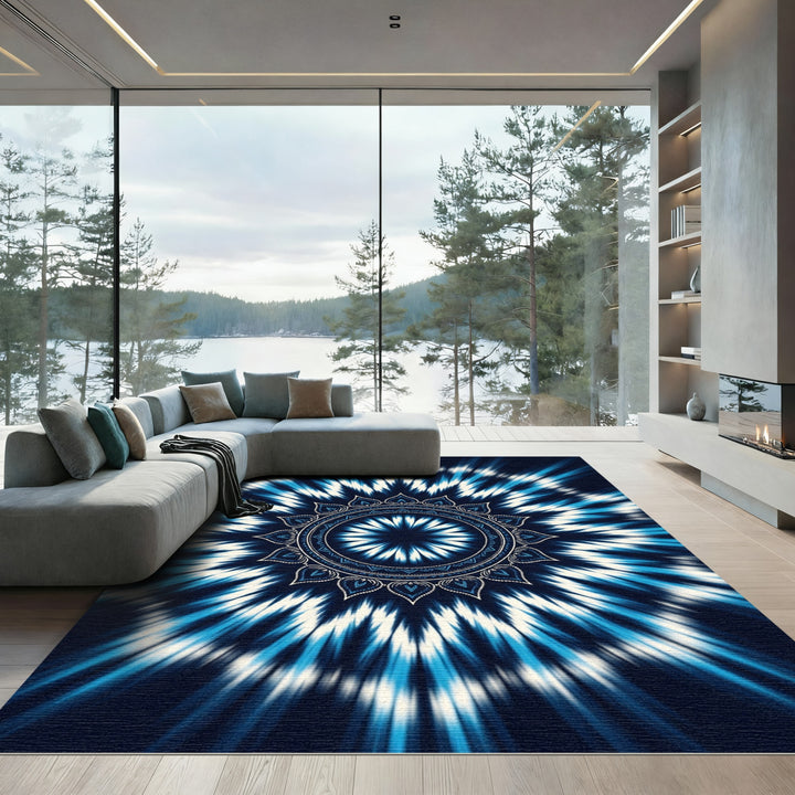 Deep Blue White Sunburst Medallion Rug