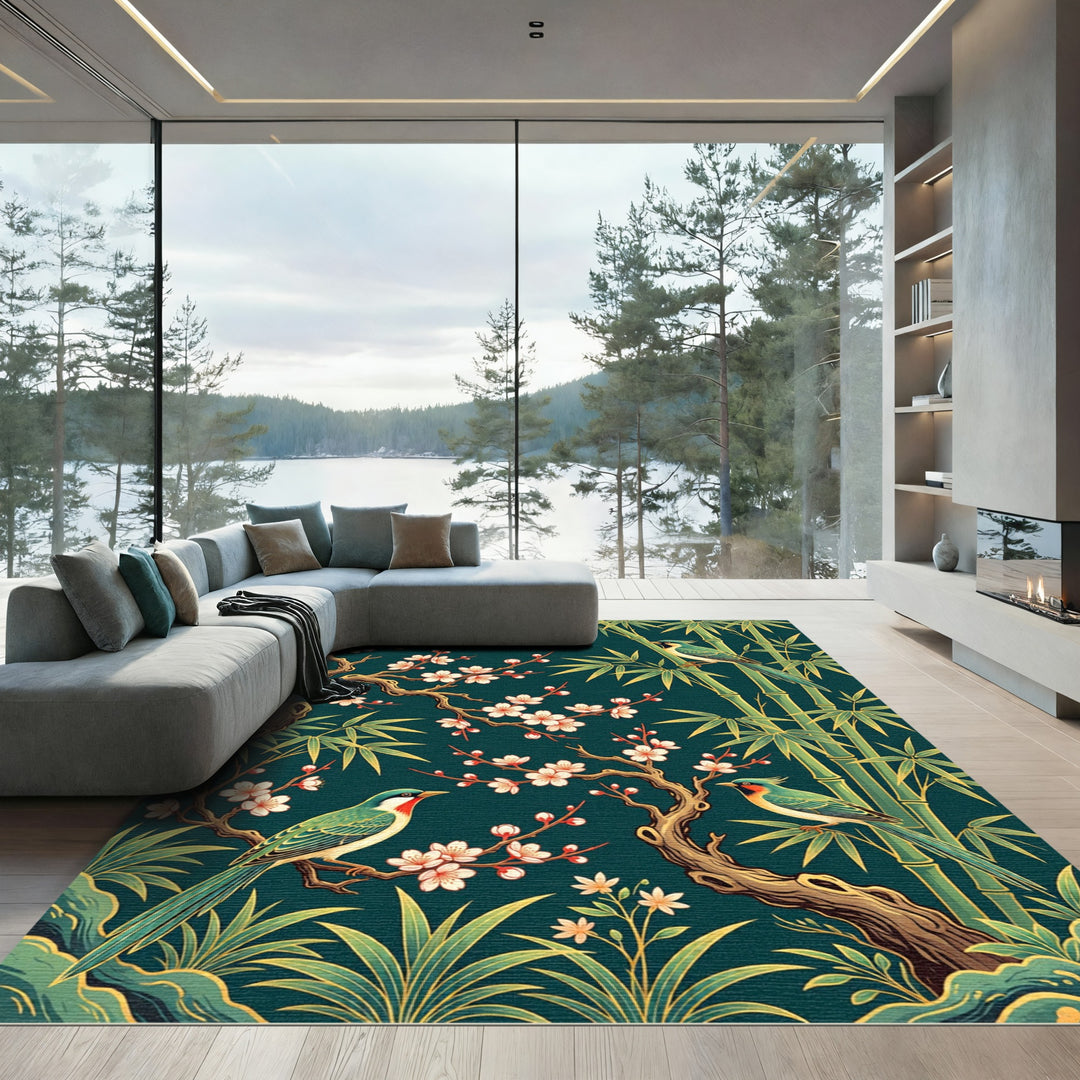 Birds Cherry Blossoms Bamboo Rug
