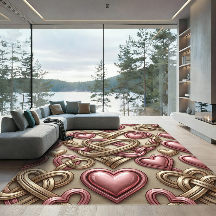 Pink Gold Braided Heart Composition Rug